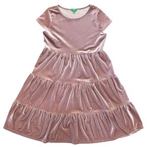 Girls Velour Tiered Twirl Dress Pink Blush Mauve Party Cap Sleeve L (12/14) New